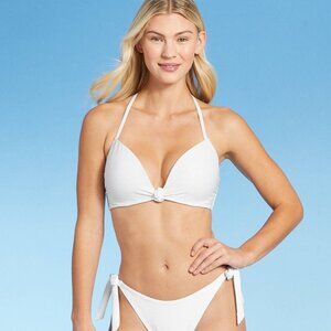 Shade & Shore Women's Light Lift Knot-Front Foil Ribbed Bikini Top White 34C
